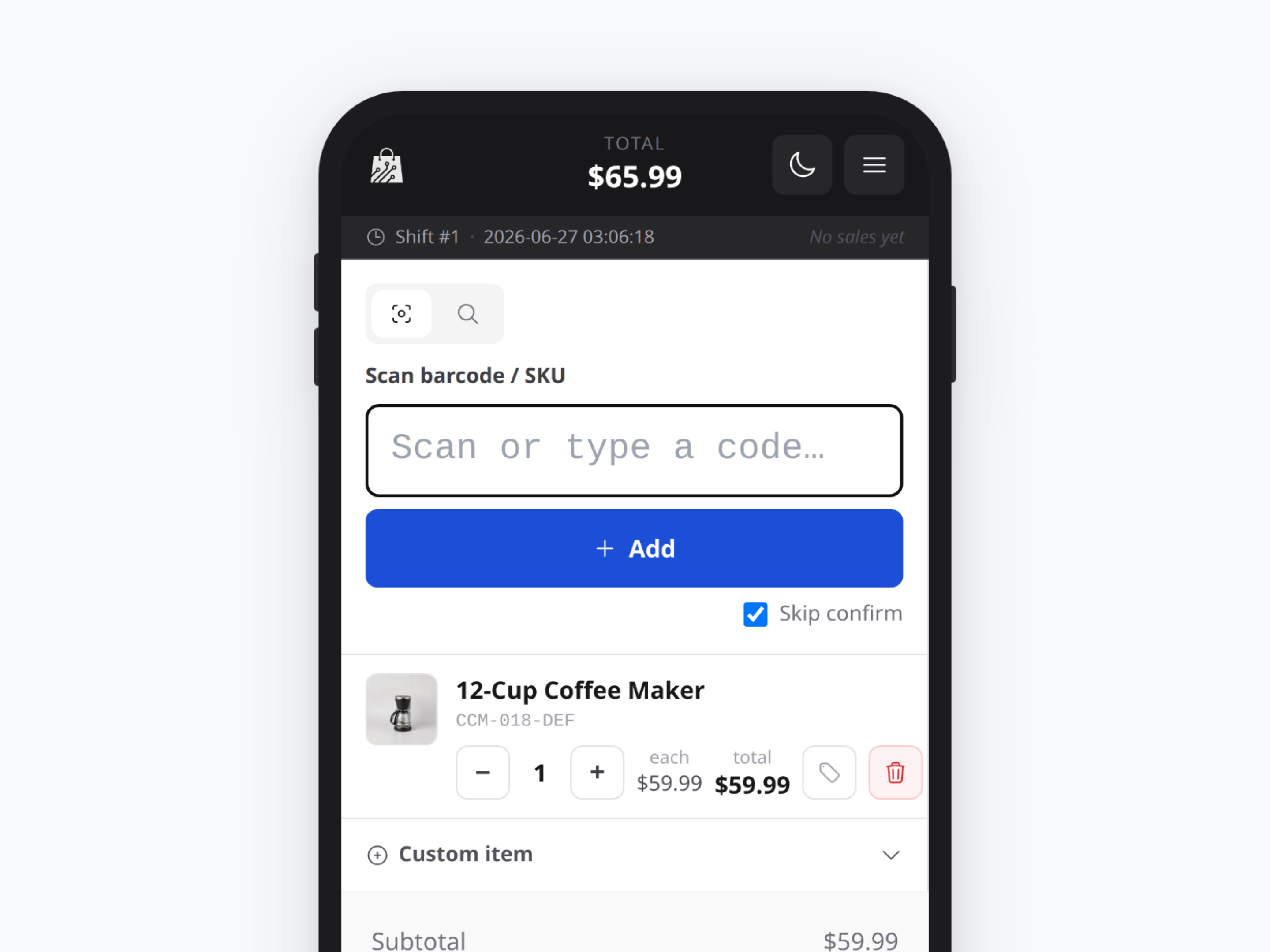 STOAR POS scanning a product into a sale