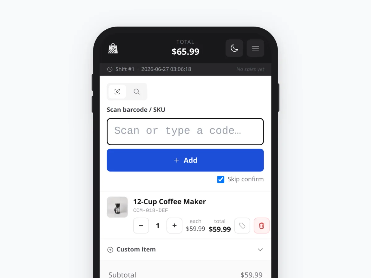 STOAR POS scanning a product into a sale