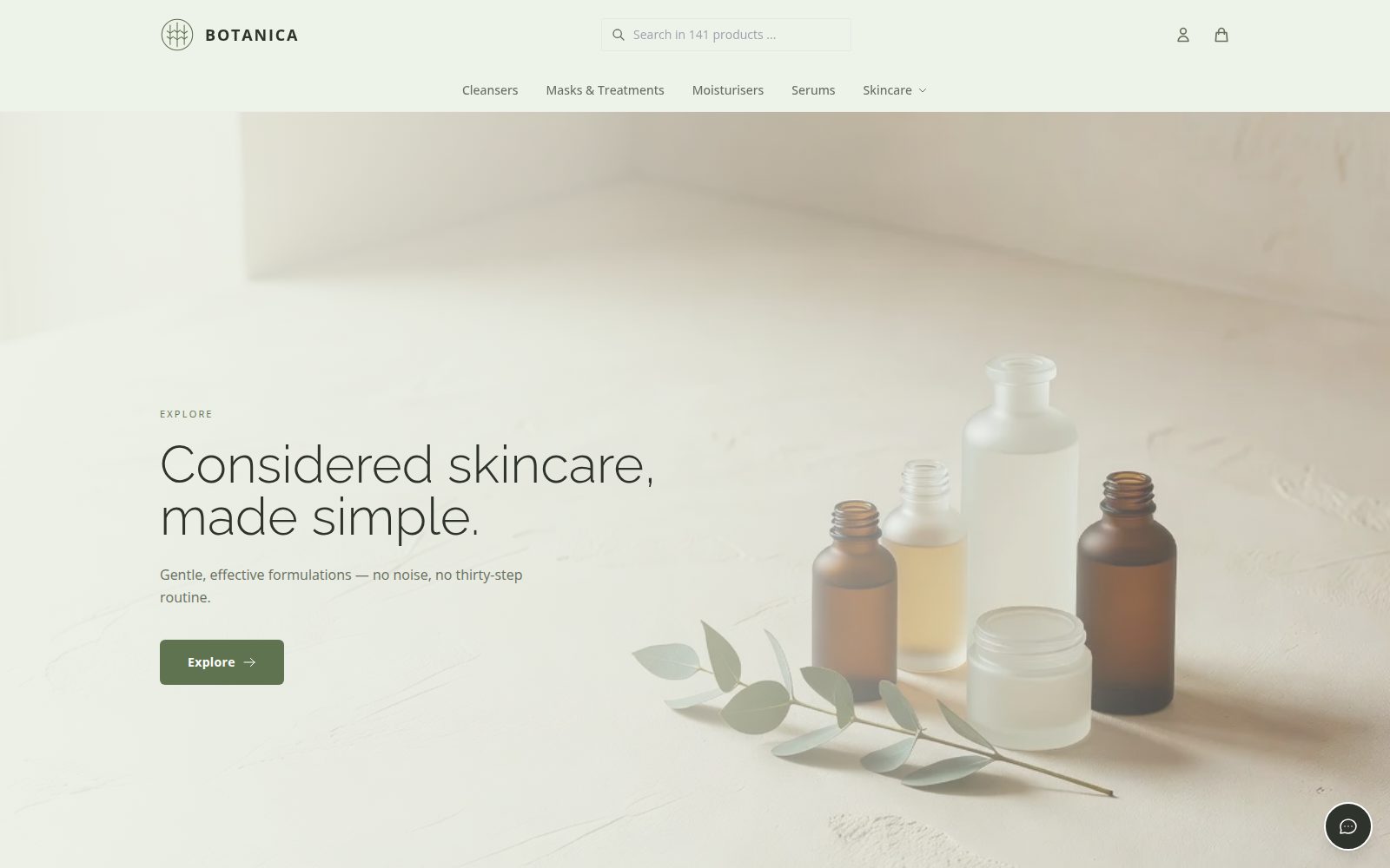 The Botanica storefront — a branded skincare demo store built on STOAR