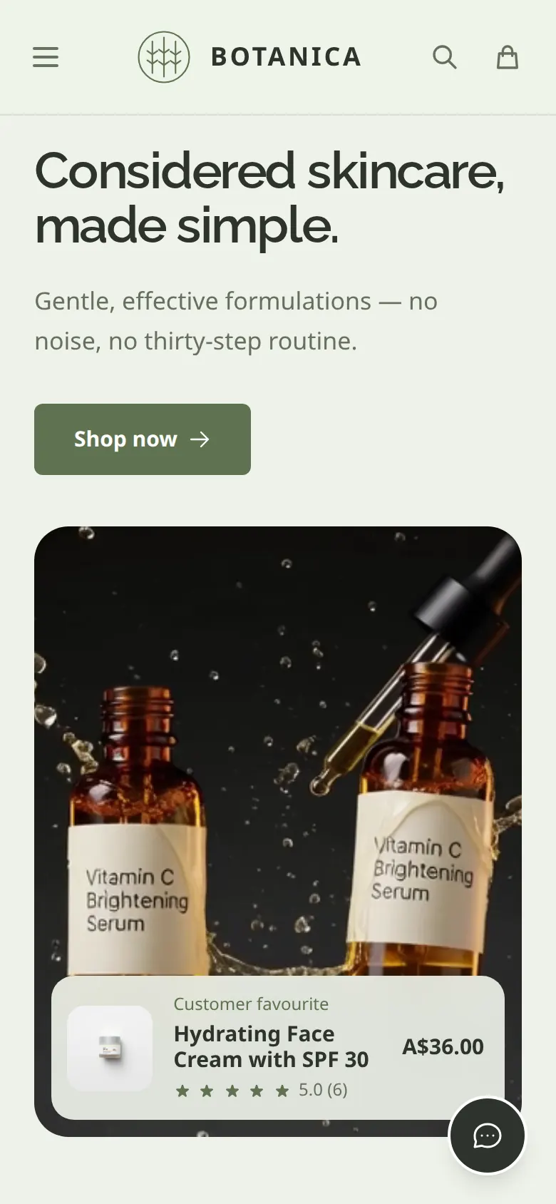 Botanica-Storefront auf dem Smartphone