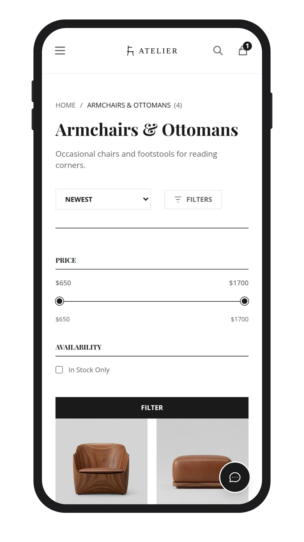 A category page on a STOAR storefront with the filter panel open