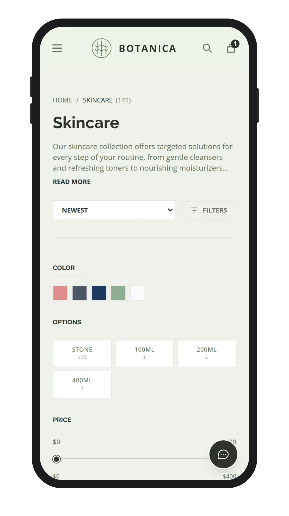 A category page on a STOAR storefront with the filter panel open