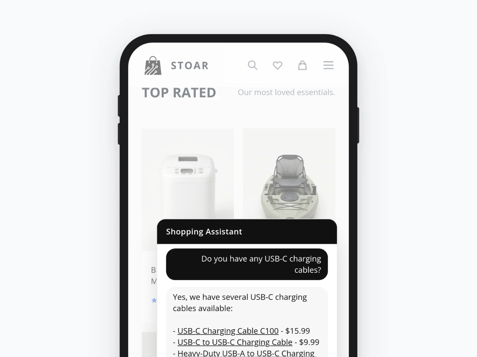 STOAR AI Shopping Assistant answering a product question in the storefront chat