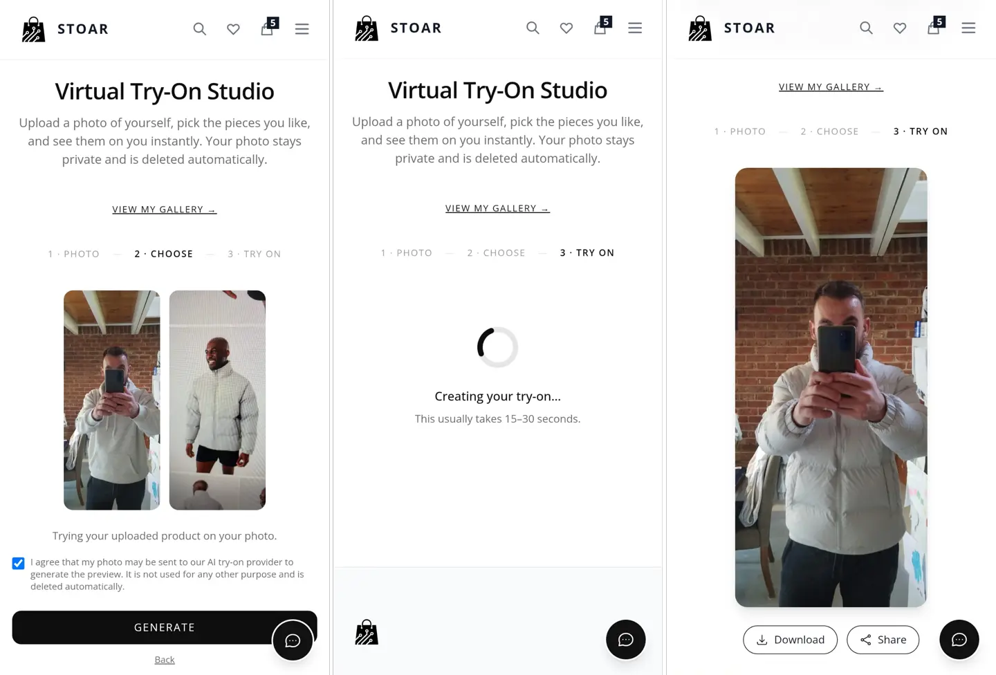 The STOAR Virtual Try-On Studio — choose a photo, generate the try-on, then download or share the result